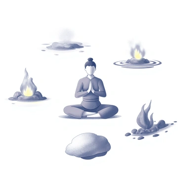 An illustration depicting the concept of balance through qi gong. In the center, a figure is performing a qi gong pose, encapsulating harmony and focus. Surrounding the figure are elements representing earth, water, fire, and air. The earth element is illustrated with a textured representation of soil and rocks, while the water element is shown as flowing waves or ripples. The fire element is depicted with dynamic flames, and the air element is illustrated through swirling winds or clouds. Each element is visually distinct yet harmoniously integrated around the central figure, emphasizing the balance between them.