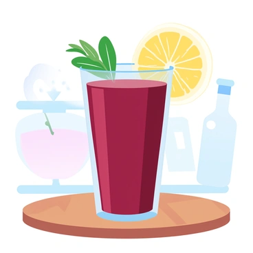 A glass filled with a vibrant beet smoothie is centered on a wooden table. The smoothie has a rich, deep red color, showcasing the freshness of the beets. A sprig of mint is resting atop the smoothie, adding a touch of green. A slice of lemon is placed on the rim of the glass, providing a contrast with its bright yellow hue. The background features blurred kitchen elements, enhancing the focus on the glass and its refreshing contents.