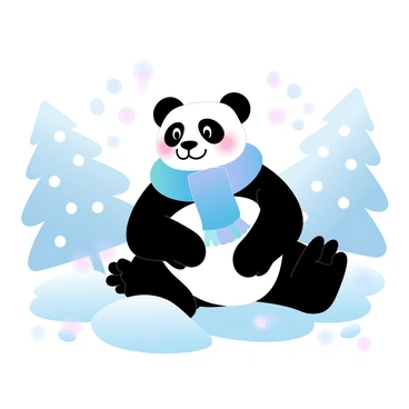 A panda is sitting in a snowy landscape, surrounded by gently falling snowflakes. The panda is wearing a vibrant, colorful scarf that contrasts with the white snow. Snow-covered pine trees are in the background, and a few snowdrifts are visible around the panda. The overall scene is filled with soft pastel colors, enhancing the chilly but cheerful atmosphere.