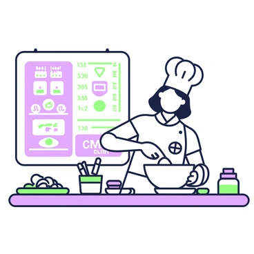 A chef is standing at a kitchen counter, measuring ingredients into a bowl. The chef is wearing a white chef's jacket and a hat, focused on the task. In the background, there is a kitchen wall with a fun formula chart hanging, filled with various culinary measurements and conversions. The counter is equipped with an assortment of ingredients, including flour, sugar, and spices in labeled containers. A colorful cutting board is placed beside the bowl, showcasing chopped vegetables ready for use.