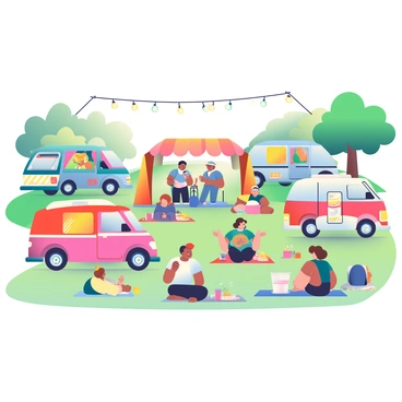 A vibrant festival scene is depicted with multiple colorful camper vans parked in a grassy area. Each camper van has a unique design, featuring bright colors and patterns. People of various ages are scattered around, enjoying live music from a nearby stage where musicians are performing. Some individuals are dancing, while others are sitting on picnic blankets, clapping along to the rhythm. Containers filled with food and drinks are placed on tables, and strings of lights hang overhead, adding to the festive atmosphere. In the background, trees frame the scene, providing shade and creating a lively, communal vibe.