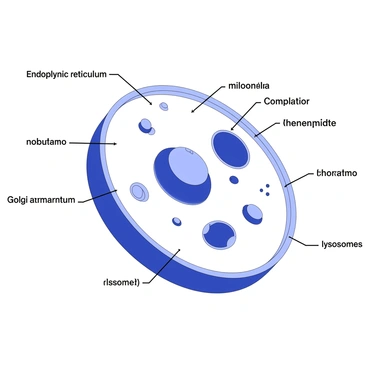 An illustration of a human cell is displayed, with a clear depiction of various organelles. The cell membrane outlines the shape of the cell, providing a boundary. Inside, the "nucleus" is prominently located at the center, featuring a double membrane and visible nucleolus. Scattered throughout the cytoplasm are several "mitochondria," each with their distinct oval shape and inner folds. There are also "ribosomes" represented as small dots attached to the "endoplasmic reticulum," which is shown as a series of interconnected membranes. "Golgi apparatus" is depicted with stacked membrane-bound structures, and "lysosomes" are illustrated as spherical bodies. Each part of the cell is labeled clearly for easy identification.