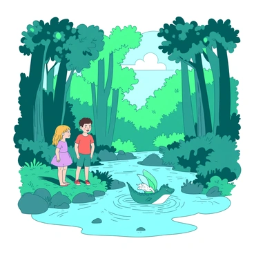 A teal forest filled with tall trees and vibrant green foliage surrounds a sparkling stream that flows through the scene. In the foreground, two children are standing by the water's edge, looking excitedly at a group of magical creatures. One creature resembles a small dragon with shimmering scales, while another looks like a whimsical fairy with delicate wings. The children are dressed in brightly colored clothes, and their expressions show wonder and delight. Sunlight filters through the leaves, creating dappled light patterns on the ground and the water.