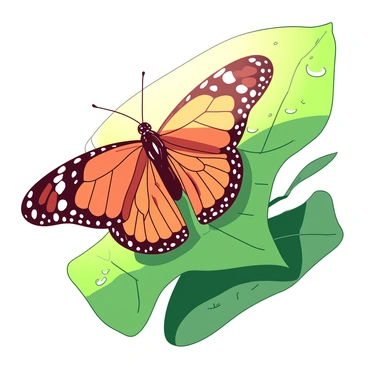 A close-up view of a monarch butterfly perched delicately on a green leaf. The butterfly's wings display intricate patterns in orange and black, showcasing detailed veins and spots. The sunlight filters through the translucent wings, highlighting the vibrant colors and delicate textures. Tiny droplets of dew are visible on the leaf, creating a fresh and lively atmosphere. The background is softly blurred, allowing the focus to remain on the butterfly's exquisite wing patterns.