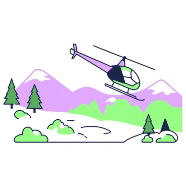 An R66 helicopter is flying above a winter landscape covered in snow. The helicopter has a sleek design and is positioned slightly tilted as it ascends. Below, the ground is blanketed in a thick layer of white snow, with patches of evergreen trees scattered throughout. In the distance, there are rolling hills and mountains, their peaks capped with snow. The sky above is clear, allowing for a bright view of the helicopter against the landscape.