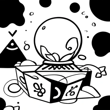 A "mysterious crystal ball" placed at the center of the image, reflecting light and casting shadows. Surrounding the crystal ball are "swirling engravings" that appear as intricate patterns, intertwining around the base. "Mystical symbols" are etched into the surface of the table on which the crystal ball rests, adding to the enigmatic atmosphere. The background is filled with abstract shapes that enhance the sense of mystery without drawing focus away from the central elements.