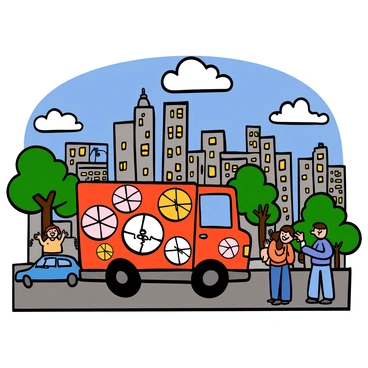 A delivery truck with a large, colorful design, covered in oversized band-aids, is driving through a bustling city. The truck is bright red with white band-aids featuring cartoonish designs in various colors. Skyscrapers in the background tower above, with blue skies and fluffy white clouds. People on the sidewalk pause to look at the unique truck, some smiling and pointing. The street is lively, with cars parked along the roadside and trees lining the avenues. The scene captures the vibrant energy of city life and the playful nature of the delivery truck.