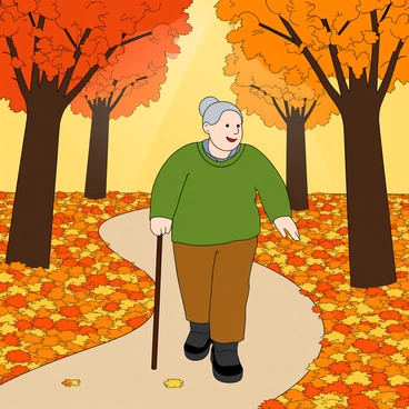 An older woman walking through a forest path, surrounded by autumn leaves