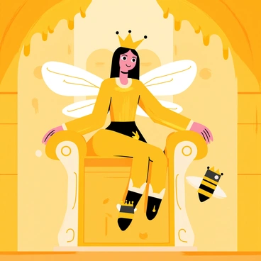 A regal queen bee with a shiny golden body and large, delicate wings is sitting majestically on a throne made of honeycomb. The throne is intricately designed with hexagonal patterns and glistening honey dripping from the edges. Surrounding the queen are worker bees buzzing gently, each wearing tiny crowns. The interior of the hive is filled with warm golden light, illuminating the honeycomb walls adorned with shimmering honey.
