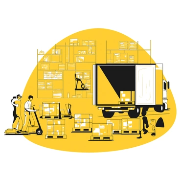 A group of three workers is inside a large warehouse, focused on loading pallets of goods into a spacious storage truck. One worker stands on a pallet jack, maneuvering it towards the back of the truck, while another is carefully stacking boxes on a pallet. The third worker is organizing additional boxes on the warehouse floor, preparing them for transport. The warehouse is filled with tall shelves stocked with various items, casting shadows on the concrete floor. The storage truck's doors are wide open, revealing its empty interior waiting to be filled.