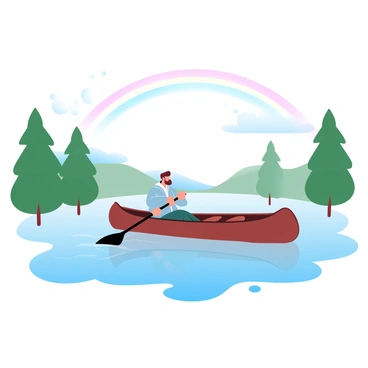 A canoeist is paddling a wooden canoe on a tranquil lake. The water is smooth and reflects the vibrant colors of a bright rainbow that spans across the sky. The canoeist is wearing a light jacket and is actively using a paddle to navigate through the water. Surrounding the lake are lush green trees that frame the scene, with wispy clouds floating gently above. The atmosphere is filled with a sense of peace and harmony.
