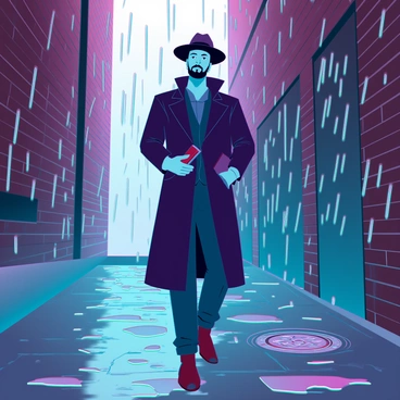 A detective with a rugged appearance and stubble is wearing a long, dark trench coat that flutters slightly as he walks. He has a fedora hat tilted down, partially shadowing his face. The rain is pouring down, creating puddles on the cobblestone ground, reflecting the neon lights from nearby buildings. The alley is narrow, with brick walls covered in graffiti, and steam rising from a nearby manhole cover. The detective holds a small notepad in one hand, while the other hand is tucked into his coat pocket, suggesting he is deep in thought as he navigates through the wet, urban environment.