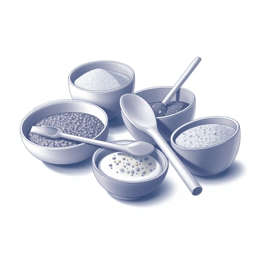 A collection of small bowls arranged on a surface, each filled with different spices. The bowls vary in size and shape, showcasing a variety of textures and patterns. A wooden spoon is placed among the bowls, partially resting on one of them. The spices include a coarse texture and appear to have distinct shapes, indicating their unique properties. The scene captures the essence of a spice display, highlighting the culinary potential of each ingredient.