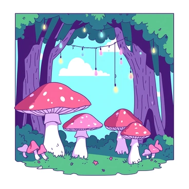 A duotone illustration features a magical forest filled with giant mushrooms of various sizes and shapes. The mushrooms are in shades of {color_1} and {color_2}, creating a vibrant and enchanting look. Twinkling fairy lights are hanging from the branches of tall, ancient trees, illuminating the scene with soft glows. The trees have intricate bark patterns and lush green leaves that frame the forest. The ground is covered with soft moss, and small flowers peek out from beneath the mushrooms, adding to the whimsical atmosphere.