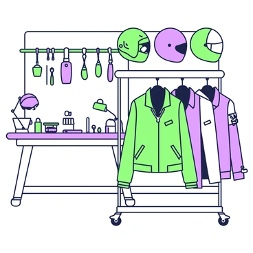 A rack is positioned in the corner of a garage, displaying several biker jackets in a neat arrangement. Each jacket has distinct features, including zippers and patches. Above the jackets, various helmets hang, showcasing different styles and colors. The helmets are secured with straps and positioned in an orderly fashion. The garage floor is clean and polished, and tools are neatly hung on the wall behind the rack, adding to the organized atmosphere. A workbench can be seen in the background, equipped with various tools and a small lamp.