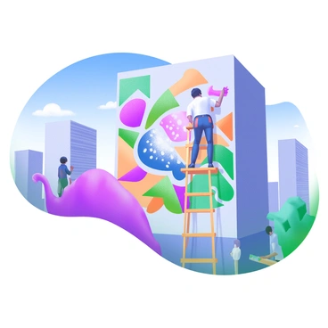 An artist standing on a scaffold, focused on painting a vibrant mural on the side of a tall building. The mural showcases a blend of colorful abstract shapes and intricate patterns. Sunlight casts soft shadows around the artist, who is wearing a paint-splattered apron. The background features a clear blue sky and glimpses of other buildings in the Arts District of Los Angeles. A few passersby observe the artwork in progress, adding to the lively atmosphere of creativity.