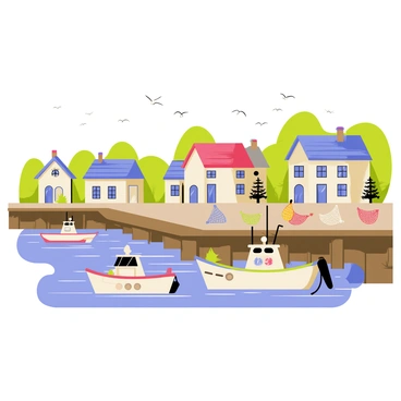 A picturesque coastal village featuring several small, colorful houses with sloped roofs and chimneys. In the foreground, there are multiple fishing boats of various sizes, some docked at a wooden pier, while others are gently bobbing on the calm water. The scene includes nets and fishing gear spread out on the pier, along with seagulls flying overhead. Lush greenery borders the village, creating a natural backdrop to this idyllic setting.