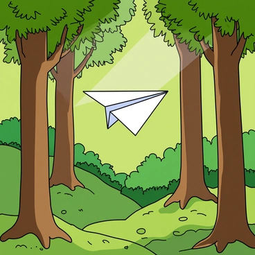 A paper plane gliding through a dense, lush forest