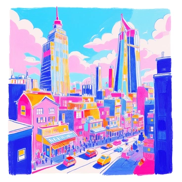 A cityscape features towering skyscrapers with unusual shapes, blending modern architecture with whimsical designs. Some buildings appear to float above the ground, defying gravity, while others have warped and elongated structures. The streets below are bustling with activity, showcasing a mix of people and vehicles, all rendered with vibrant colors. The sky is filled with unusual clouds that swirl and twist, adding to the surreal atmosphere of the scene.