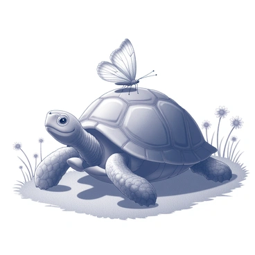 A turtle with a butterfly resting on its shell in a sunny meadow