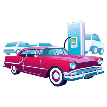 A classic car with a sleek vintage design, featuring rounded edges and chrome accents. It has a shiny red exterior and whitewall tires, showcasing its retro charm. The car is parked next to a modern charging station, which has a futuristic design with a digital display and sleek lines. The charging cable is plugged into the car, connecting it to the station. In the background, there are other modern vehicles and a clear blue sky, emphasizing the juxtaposition of old and new technology.