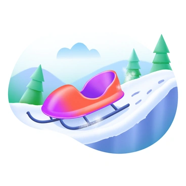A bright red sled is sliding rapidly down a steep, snowy hill. The surface of the hill is covered with fresh, powdery snow glistening in the sunlight. Snowflakes are flying off the sides of the sled as it moves. In the background, there are pine trees dusted with snow and a clear blue sky overhead. The sled has a shiny finish, and its runners are leaving a distinct trail in the snow.