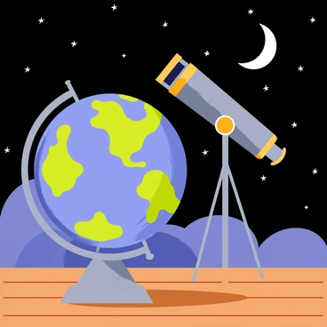 A globe featuring detailed landmasses and blue oceans, positioned next to a tall telescope with a shiny metallic finish. The telescope is pointed towards a dark, starry night sky filled with twinkling stars and a visible crescent moon. The scene is set on a wooden deck, with rich brown planks under the objects. Soft shadows are cast on the deck surface by the moonlight, adding depth to the composition.