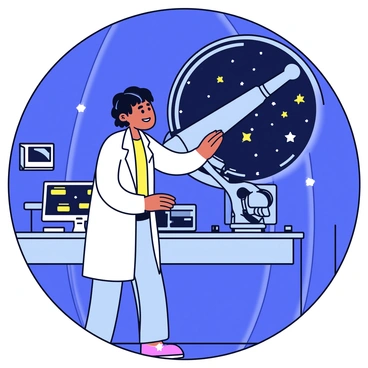 A scientist wearing a white lab coat is standing inside a dark observatory. The scientist has short black hair and is focused on the large telescope in front of them. The telescope is metallic and has a sleek design, pointing out towards a starry sky visible through a circular window. The observatory is filled with various scientific instruments scattered around, including a computer console displaying data. The atmosphere is illuminated by the soft glow of the computer screen and the faint light from the stars outside, creating a sense of discovery and curiosity.