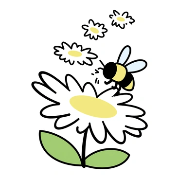A yellow and black buzzing bee, with detailed wings, is perched on a vibrant white daisy. The daisy features bright yellow center petals and green leaves surrounding the base. The bee is collecting pollen, with small grains sticking to its legs, while several other daisies are visible in the background, creating a lively garden scene. The sunlight is casting soft shadows, enhancing the textures of the petals and the bee's body.