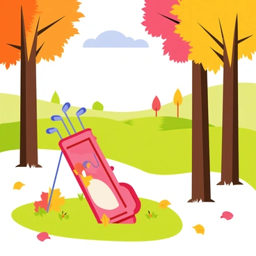A golf bag with bright colors is positioned on a patch of grass in the foreground. The bag is filled with shiny golf clubs, their metal heads reflecting the warm autumn sunlight. Surrounding the golf bag are tall trees with vibrant orange, red, and yellow leaves, creating a canopy overhead. Fallen leaves cover the ground, adding texture to the scene. In the distance, the soft slopes of the golf course can be seen, with manicured fairways peeking through the trees. A clear blue sky is visible above the treetops, enhancing the autumn atmosphere.