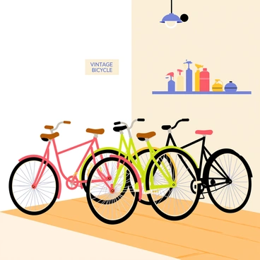 A corner of a shop dedicated to vintage bicycles. There are several bicycles displayed, showcasing various colors such as bright red, deep green, and classic black. Each bicycle features a classic leather seat with a rich brown finish. The floor is made of polished wood, reflecting the warm light from overhead lamps. Shelves behind the bicycles hold bicycle accessories, including helmets and tire pumps, all arranged neatly. A small sign on the wall reads, "Vintage Bicycles".