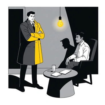 A yellow detective stands with arms crossed, confronting a suspect who is sitting in a chair. The detective has a serious expression and is wearing a dark trench coat, while the suspect, dressed in a white shirt, appears uneasy. The room is dimly lit, with shadows cast across the walls from a flickering light bulb hanging above. A small table sits between them, holding a glass of water and a notepad. The atmosphere feels charged, with tension evident in the body language of both characters.