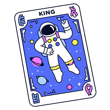 A king card with a vibrant design. The card features an astronaut wearing a sleek, metallic space suit adorned with colorful patches representing different planets. The astronaut is positioned in the center of the card, floating among twinkling stars and swirling galaxies in the background. The suit is highlighted with glowing blue elements and a reflective visor. The edges of the card have ornate patterns, adding to the regal theme. The top of the card displays the word "KING" in bold letters, while the bottom features intricate designs of constellations.