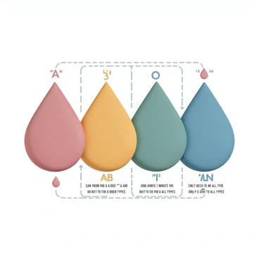 An informational chart, featuring a colorful background, that displays the different blood types: "A", "B", "AB", and "O". Each blood type is represented in distinct sections. The chart includes compatibility indicators, showing which blood types can donate to and receive from each other. Arrows connect the blood types, with clear labels indicating compatibility: "A" can receive from "A" and "O", "B" can receive from "B" and "O", "AB" can receive from all types, and "O" can only give to all types. The layout is organized and easy to read, with bold text for clarity.