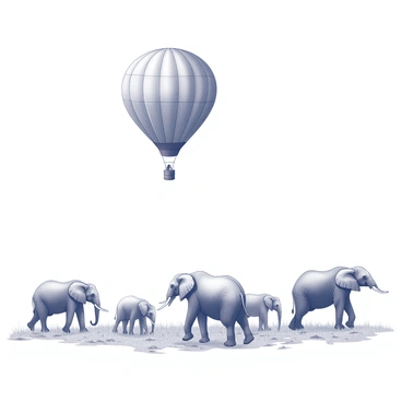 A hot air balloon floats gently in the sky, its shape large and round. Below, a herd of elephants roams across a vast savannah. The elephants vary in size and are seen moving gracefully, with some grazing on the tall grass while others stand protectively around their young. The landscape is open and expansive, featuring patches of dry earth and sparse vegetation. The scene captures the interaction between the balloon in the air and the majestic elephants on the ground, showcasing the tranquility of nature.