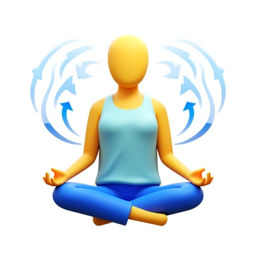 A person sitting cross-legged in a meditative pose. The individual is dressed in comfortable, loose clothing. Visual effects are depicted as swirling lines and arrows, showing the flow of "oxygen" entering the body and "carbon dioxide" exiting. The background features a soft gradient, enhancing the focus on the person and the visual effects. The overall composition emphasizes calmness and tranquility.