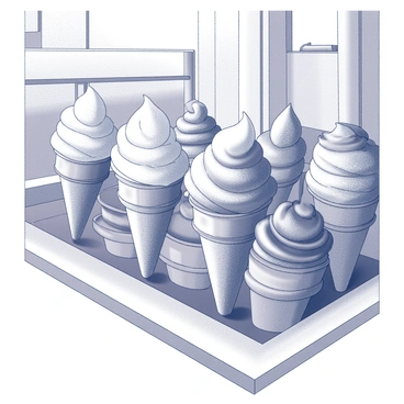 A close-up view of several ice cream cones arranged neatly in an ice cream truck. Each cone features a different type of ice cream, showcasing a variety of textures and shapes. The cones are placed in a display area, with some leaning slightly to highlight their details. The ice cream scoops are meticulously crafted, showcasing swirls and layers, suggesting rich flavors. The background features parts of the truck's interior, with metallic surfaces and storage compartments visible.