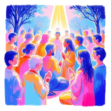 A gathering of diverse people is shown in prayer, with their heads bowed and hands clasped in front of them. The scene is set in an open area with trees and greenery surrounding them. A beam of bright light is shining down from above, illuminating the group and creating a warm glow around them. The expressions on their faces reflect a sense of peace and focus. Some individuals are wearing traditional clothing that reflects their cultural backgrounds. The overall composition captures the unity and reverence of the moment.