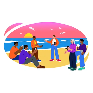 A photography trainer stands on a sandy beach, holding a camera and demonstrating techniques to a group of attentive students. The sun is setting on the horizon, casting vibrant orange and pink hues across the sky and reflecting on the calm water. Students are equipped with various cameras, positioned around the trainer, with some taking notes while others practice taking shots. In the background, gentle waves lap at the shore, and a few seagulls fly overhead, completing the picturesque beach scene.