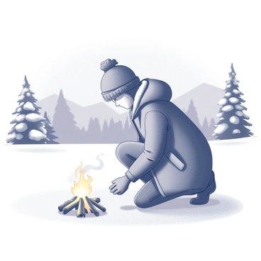 A person is crouched down, using their body to shield a small fire from the gusting wind. The individual is bundled up in a thick winter coat and a knit hat, with visible puffs of breath in the cold air. Around them, the ground is blanketed in thick snow, with flurries gently falling from the gray sky. The fire flickers brightly, contrasting against the white snow, sending small sparks upwards. The landscape is dotted with snow-covered trees in the background, creating a serene winter scene.
