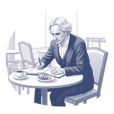 Goethe sitting at a small café table, writing in his notebook, with pastries and coffee beside him.