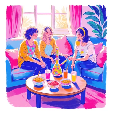 A group of three friends is seated on a cozy couch in a warmly lit living room. They are all smiling and laughing, creating an atmosphere of joy and relaxation. One friend has short curly hair and is wearing a colorful patterned shirt, another has long straight hair and is dressed in a casual tank top, while the third has medium-length hair pulled back with a headband and is in a graphic t-shirt. In front of them, on a wooden coffee table, there is a vibrant bong with intricate designs. Surrounding the bong are snacks in bowls and a couple of drinks in colorful glasses, adding to the casual vibe of the evening. The room features comfortable pillows and a soft rug, enhancing the feeling of a welcoming space.