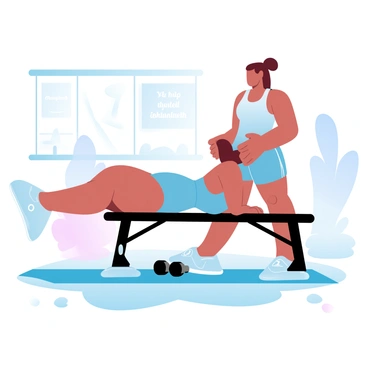 Two individuals are positioned on a gym mat, collaborating during hip thrust exercises. One person, wearing a fitted athletic tank top and shorts, is lying on their back with their shoulders resting on a bench. Their knees are bent, and feet are planted firmly on the ground. The other individual, dressed in a matching athletic outfit, is standing behind the bench, supporting the first person's hips with both hands. A set of weights is placed on the floor nearby, and a motivational poster is visible on the wall behind them. The gym is brightly lit, with exercise equipment in the background.