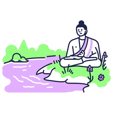 A large "Adiyogi statue" is positioned prominently on a riverbank. The statue depicts an imposing figure with a serene expression, gazing thoughtfully towards the flowing water. Surrounding the statue, there are gently swaying "grasses" and "flowering plants" that add to the natural setting. The river flows smoothly, creating ripples as it passes by, reflecting the light in a natural manner. In the background, there are distant trees that line the riverbank, enhancing the peaceful atmosphere of the scene.