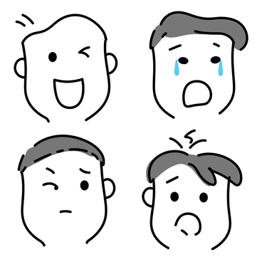 A collection of faces arranged in a grid, each face displaying a distinct emotion. The first face shows "happiness" with a wide smile and bright eyes. The second face depicts "sadness," featuring downturned lips and teary eyes. The third face represents "anger," with furrowed brows and clenched teeth. The fourth face illustrates "surprise," featuring raised eyebrows and an open mouth. Each face uses a different illustration technique, such as line drawing, shading, and color blocking. The background is simple and allows the faces to stand out prominently.