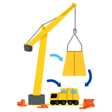 A yellow construction crane is lifting a large, heavy load suspended from its hook. The crane is positioned on a construction site, complete with various building materials scattered around. Arrows are illustrated to show the tension in the cable lifting the load and the gravitational force acting on the heavy load. The scene captures the dynamic interaction between the crane, the load, and the forces involved in the lifting process, with the arrows clearly labeled for visual clarity.