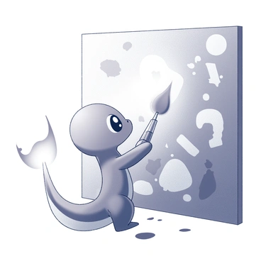 A small "Charmander" is positioned in front of a large wall, engaged in the act of painting. It is holding two tiny brushes in its hands. The wall has a variety of abstract shapes and patterns, showcasing a scene filled with diverse elements. "Charmander's" tail is slightly raised, with a flame at the tip, casting a soft glow. The creature appears focused, with its eyes intently fixed on the wall as it applies strokes of paint. The ground beneath it is speckled with drops of paint, indicating its enthusiastic effort in creating the mural.
