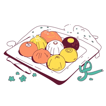 A white platter is filled with an assortment of colorful Indian sweets, carefully arranged for a baby shower. The sweets include bright yellow ladoos, vibrant orange jalebis, and delicate white barfis, each placed neatly in a pattern. Surrounding the platter are small teal decorative elements, including tiny flowers and ribbons that add a festive touch. In the background, there is a soft white tablecloth that complements the arrangement, creating a cheerful and welcoming atmosphere.