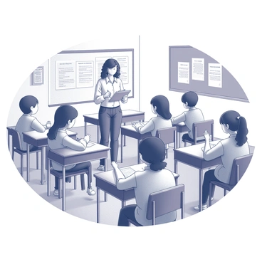 A classroom setting with rows of desks filled with students. A teacher is standing at the front of the class, holding a clipboard and a pen. The teacher is focused, checking off names as they speak to the students. Some students are seated with their hands raised, while others are looking toward the teacher. The classroom is equipped with educational posters on the walls, and there is a chalkboard behind the teacher. The atmosphere conveys an organized and attentive learning environment.