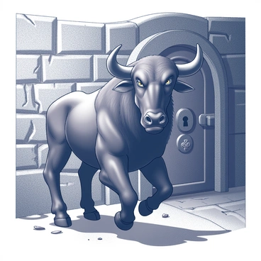 A fierce minotaur stands tall and imposing in front of a dungeon treasure vault. The minotaur has a muscular build, with thick, powerful limbs and a bull-like head adorned with large, curved horns. Its eyes are fierce and expressive, conveying an intense presence. The dungeon is dimly lit, with stone walls covered in moss and subtle cracks, creating an atmosphere of age and mystery. In the background, the treasure vault is visible, featuring a heavy, ornate door made of iron, decorated with intricate engravings and a large keyhole. The ground is uneven, strewn with small stones and shadows, enhancing the guarded nature of the scene.